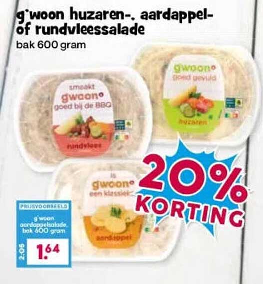 'g'woon huzaren-, aardappel- of rundvleessalade bak 600 gram 20% KORTING