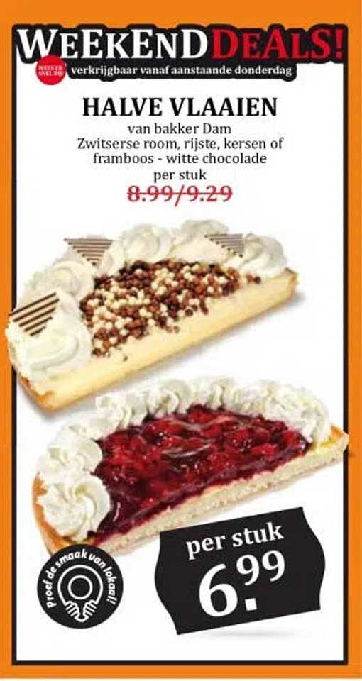 HALVE VLAAIEN van bakker Dam Zwitserse room, rijste, kersen of framboos - witte chocolade per stuk