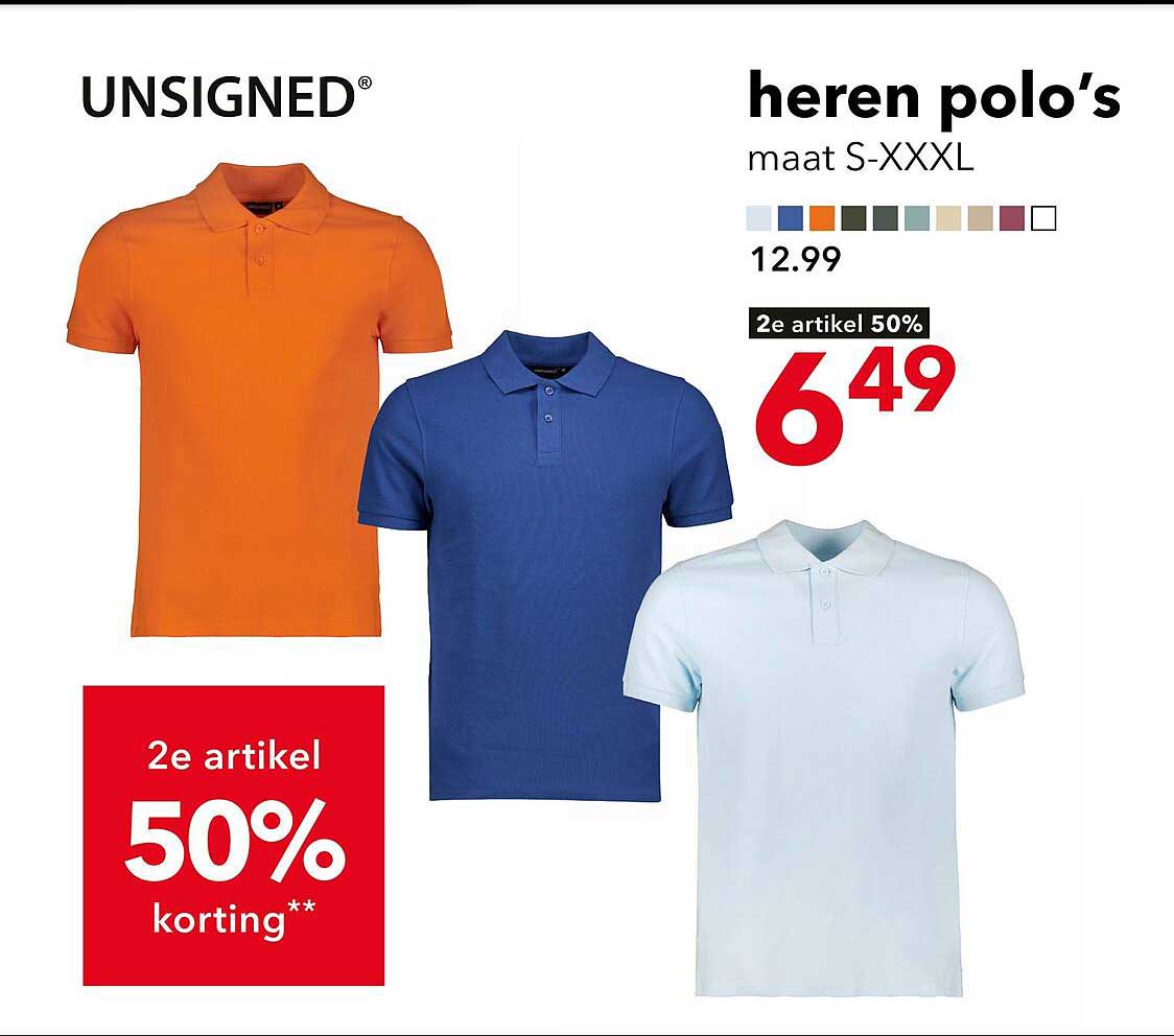 heren polo’s maat S-XXXL 2e artikel 50% korting**