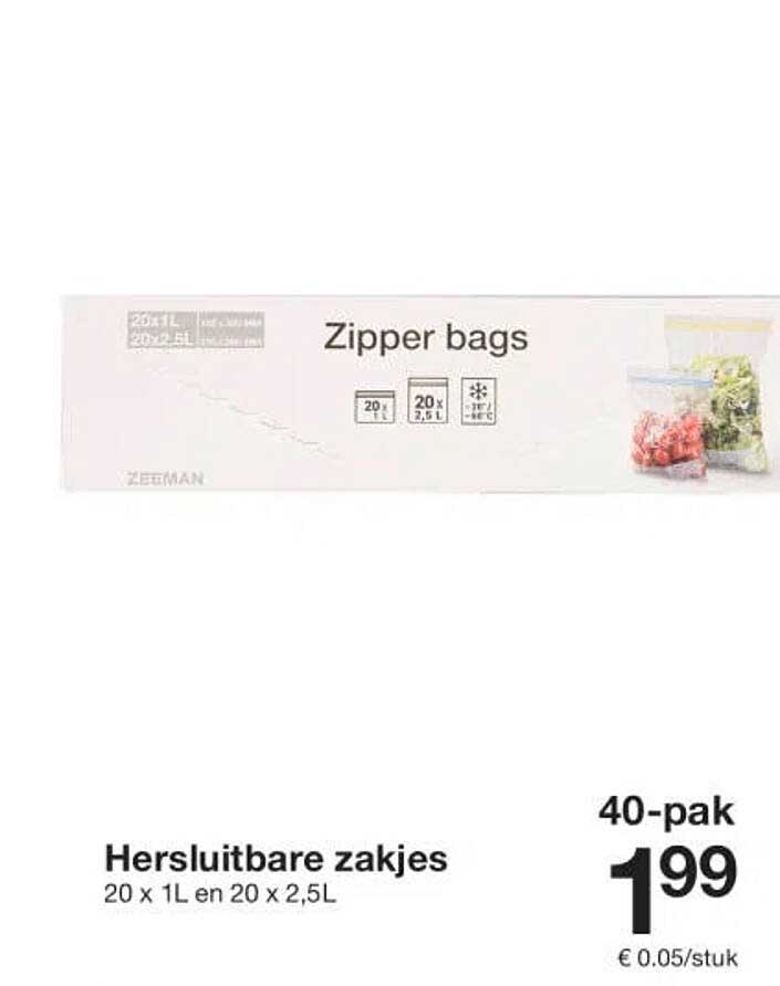 Hersluitbare zakjes 20 x 1L en 20 x 2,5L