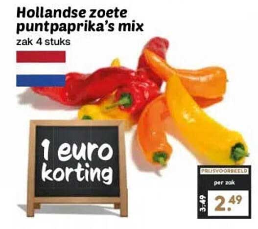 Hollandse zoete puntpaprika's mix zak 4 stuks 1 euro korting