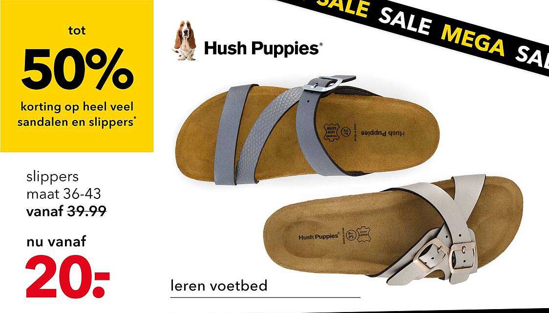 Hush Puppies slippers maat 36-43 vanaf 39.99 nu vanaf 20.- tot 50% korting op heel veel sandalen en slippers*