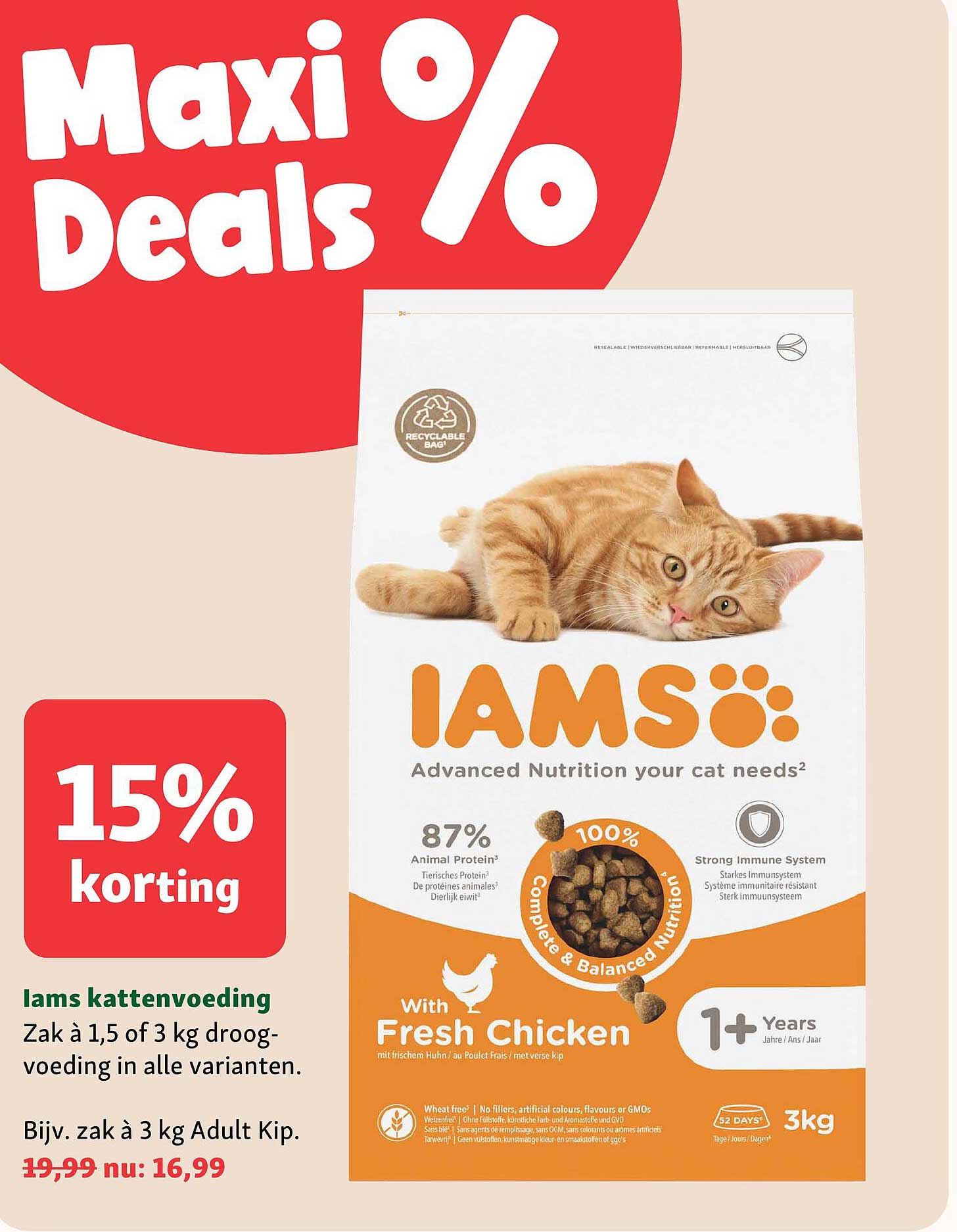 IAMS kattenvoeding Zak à 1,5 of 3 kg droogvoeding in alle varianten. Bijvoorbeeld zak à 3 kg Adult Kip. 15% korting