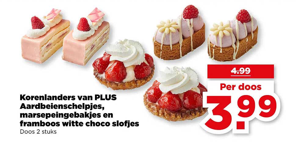 Korenlanders van PLUS Aardbeienschelpjes, marsepeingebakjes en framboos witte choco slofjes