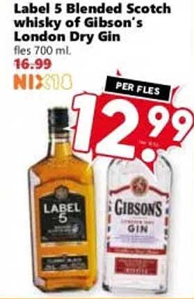 Label 5 Blended Scotch whisky of Gibson’s London Dry Gin per fles