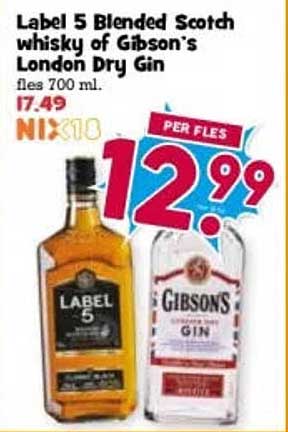 Label 5 Blended Scotch whisky of Gibson’s London Dry Gin per fles