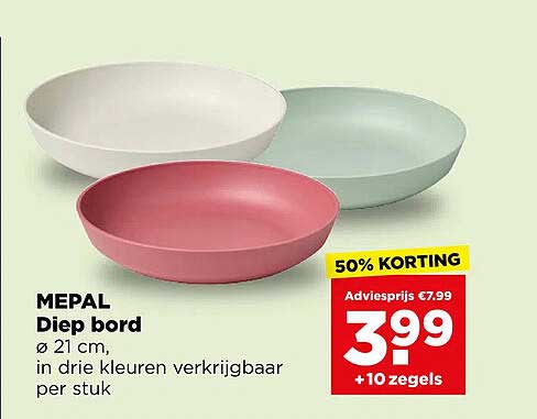 MEPAL Diep bord ø 21 cm, in drie kleuren verkrijgbaar per stuk 50% KORTING