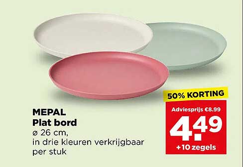 MEPAL Plat bord ø 26 cm, in drie kleuren verkrijgbaar per stuk 50% KORTING