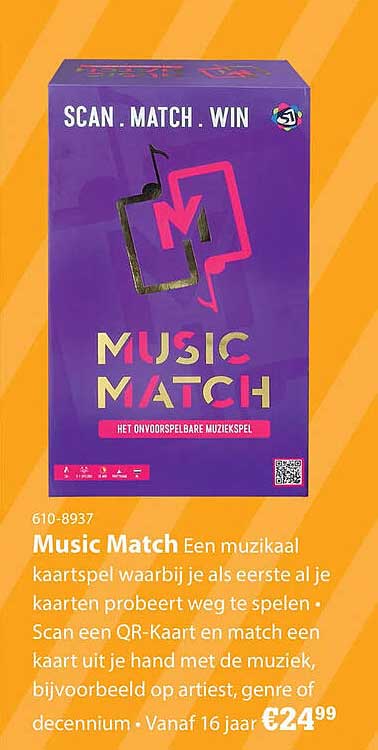 Music Match Een muzikaal kaartspel waarbij je als eerste al je kaarten probeert weg te spelen · Scan een QR-kaart en match een kaart uit je hand met de muziek, bijvoorbeeld op artiest, genre of decennium · Vanaf 16 jaar