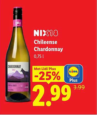 NIX18 Chileense Chardonnay 0,75 l Met Lidl Plus -25%