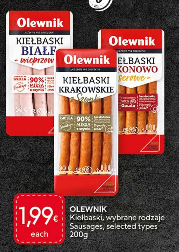 OLEWNIK Kiełbaski, wybrane rodzaje Sausages, selected types 200g