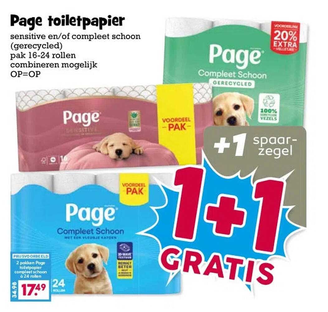 Page toiletpapier sensitive en/of compleet schoon (gerecycled) pak 16-24 rollen combineren mogelijk OP=OP 1+1 GRATIS +1 spaarzegel