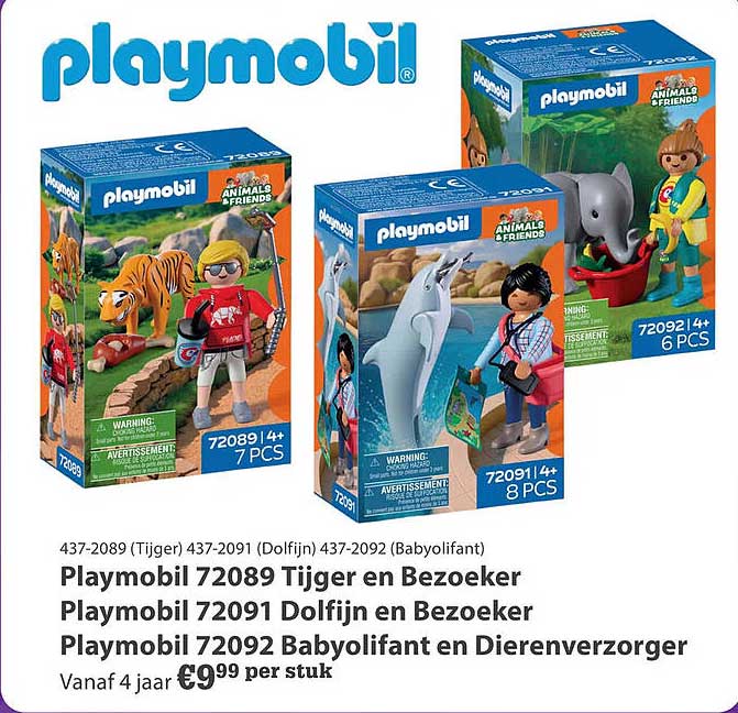 Playmobil 72089 Tijger en Bezoeker Playmobil 72091 Dolfijn en Bezoeker Playmobil 72092 Babylifant en Dierenverzorger
