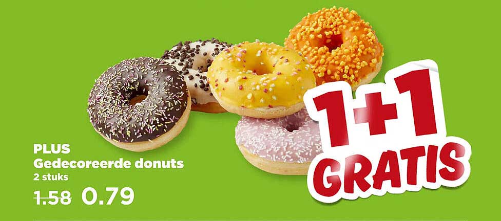 PLUS Gedecoreerde donuts 2 stuks 1+1 GRATIS