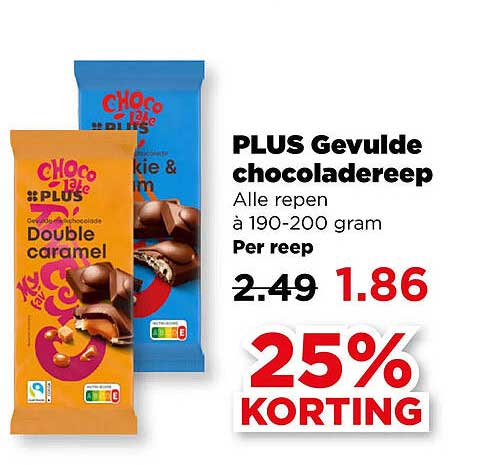 PLUS Gevulde chocoladereep 25% KORTING