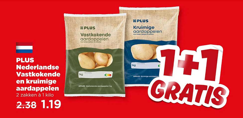 PLUS Nederlandse vastkokende en kruimige aardappelen 2 zakken à 1 kilo 1+1 GRATIS