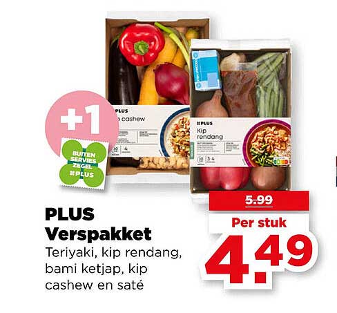 PLUS Verspakket Teriyaki, kip rendang, bami ketjap, kip cashew en saté +1