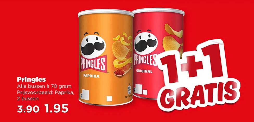 Pringles Alle bussen à 70 gram Prijsvoorbeeld: Paprika, 2 bussen 1+1 GRATIS