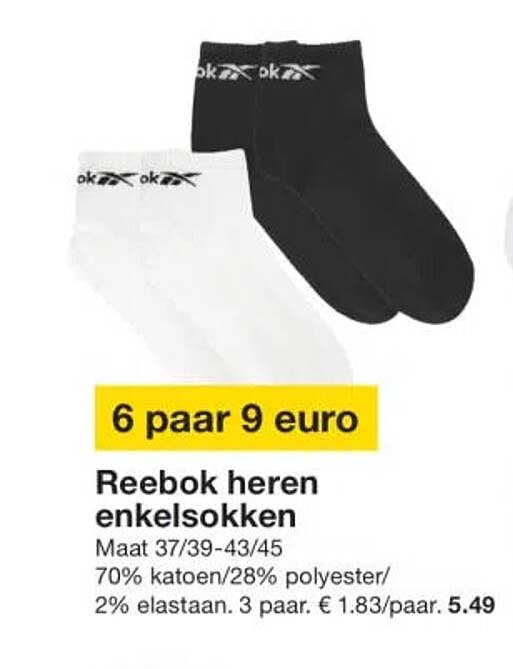 Reebok heren enkelsokken 6 paar 9 euro