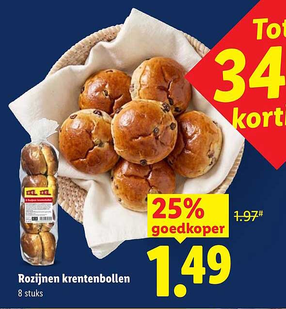 Rozijnen krentenbollen 8 stuks 25% goedkoper
