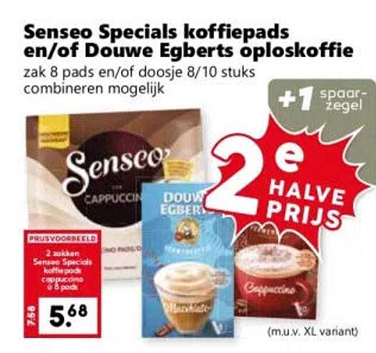 Senseo Specials koffiepads en/of Douwe Egberts oploskoffie 2e halve prijs