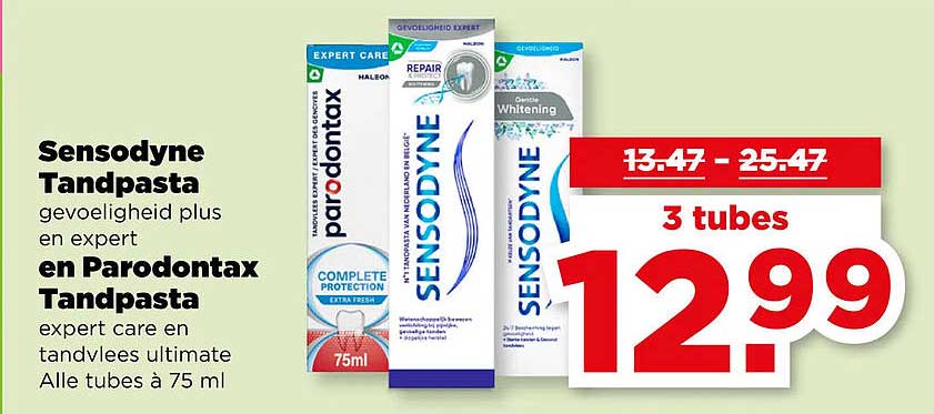 Sensodyne Tandpasta gevoeligheid plus en expert en Parodontax Tandpasta expert care en tandvlees ultimate Alle tubes à 75 ml 3 tubes