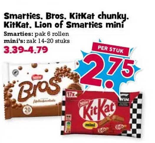 Smarties, Bros, KitKat chunky, KitKat, Lion of Smarties mini