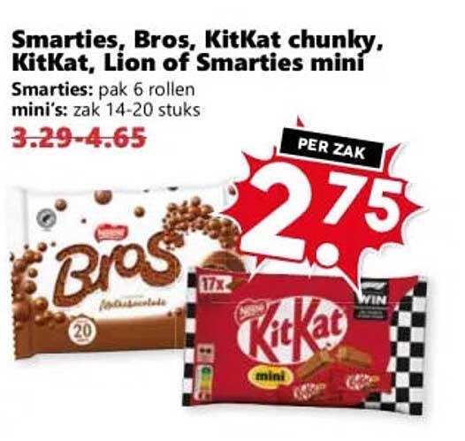 Smarties, Bros, KitKat chunky, KitKat, Lion of Smarties mini