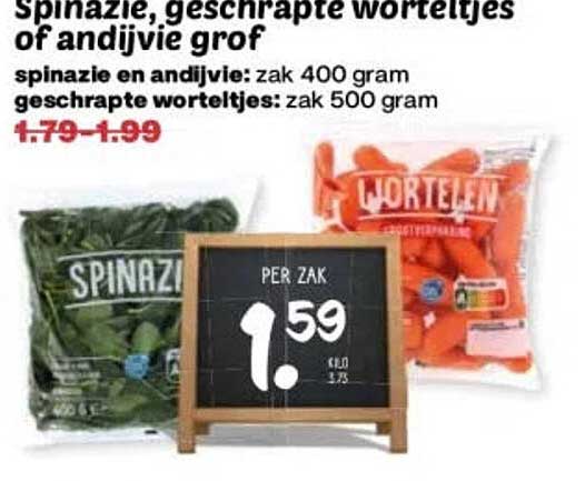 Spinazie, geschrapte worteltjes of andijvie grof