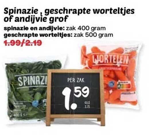 Spinazie, gesrapte worteltjes of andijvie grof