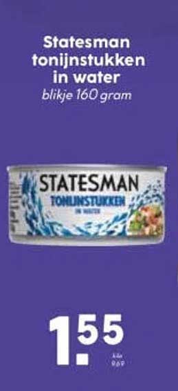 Statesman tonijnstukken in water blikje 160 gram