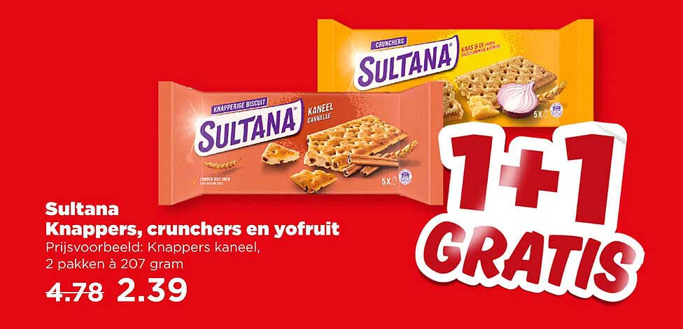 Sultana Knappers, crunchers en yofruit 1+1 gratis
