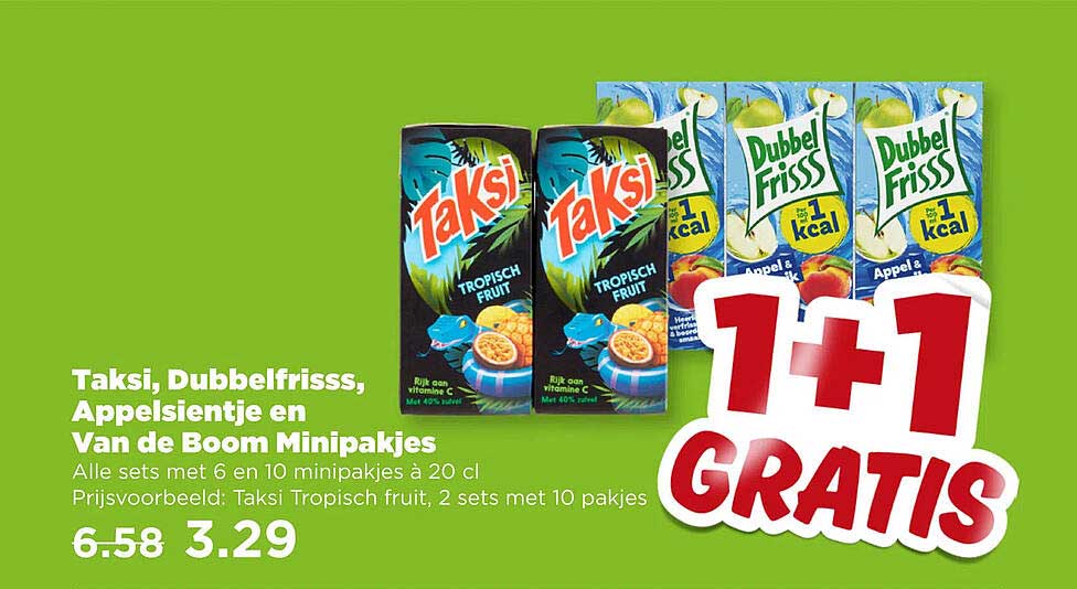 Taksi, Dubbelfrisss, Appelsientje en Van de Boom Minipakjes 1+1 gratis