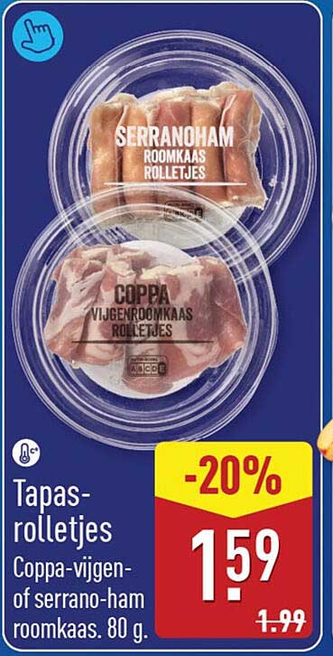 Tapas-rolletjes Coppa-vijen- of serrano-ham roomkaas, 80 g -20%