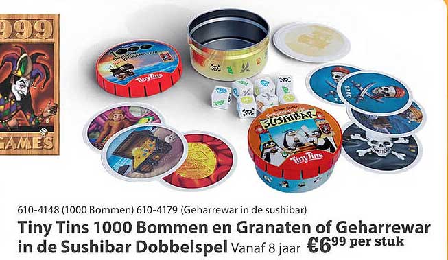 Tiny Tins 1000 Bommen en Granaten of Geharrewar in de Sushibar Dobbelspel