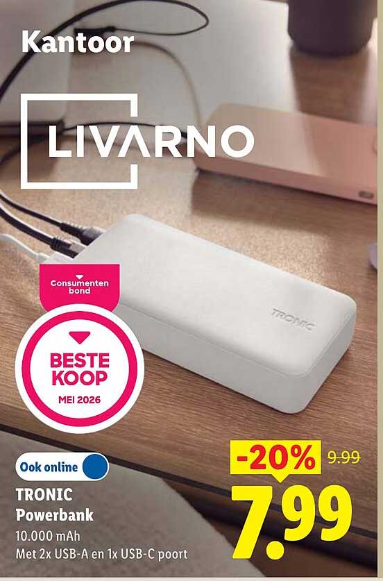 TRONIC Powerbank 10.000 mAh Met 2x USB-A en 1x USB-C poort -20%