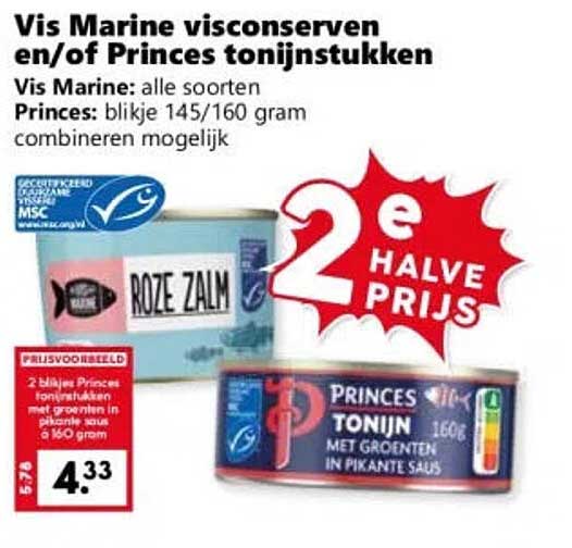 Vis Marine visconserven en/of Princes tonijnstukken 2e halve prijs