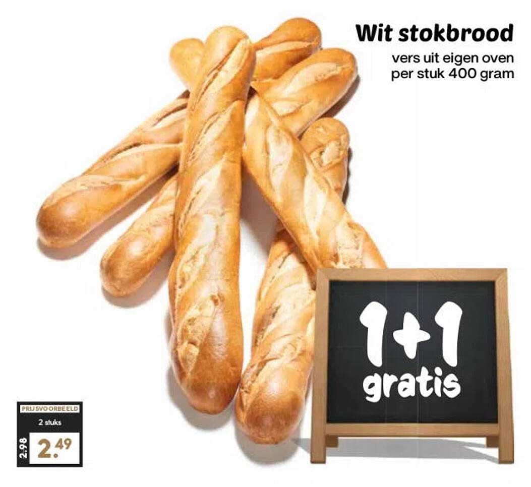 Wit stokbrood vers uit eigen oven per stuk 400 gram 1+1 gratis