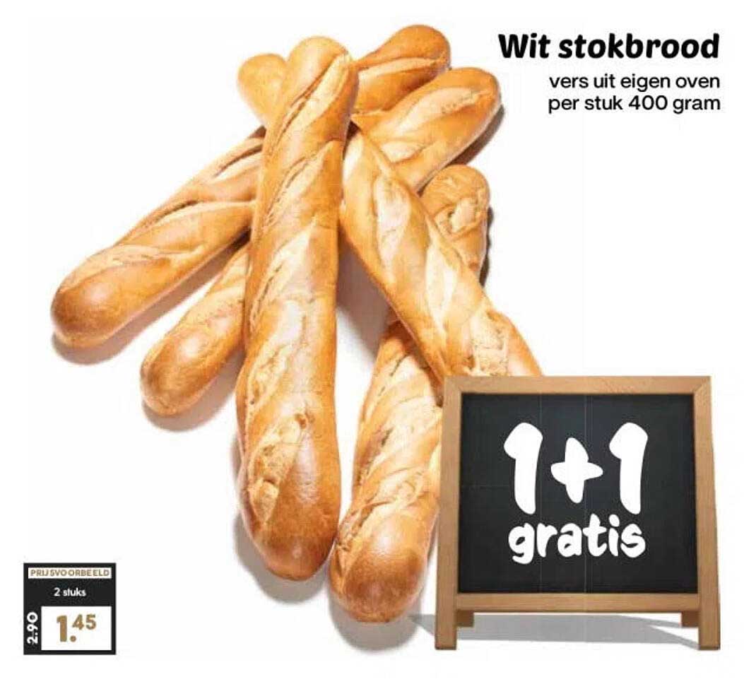 Wit stokbrood vers uit eigen oven per stuk 400 gram 1+1 gratis