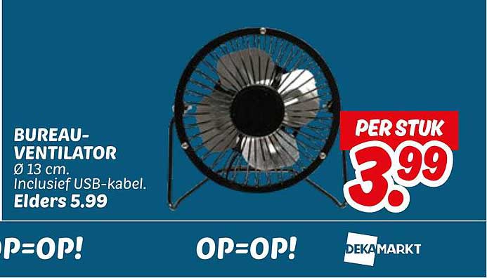 BUREAU-VENTILATOR Ø 13 cm. Inclusief USB-kabel.