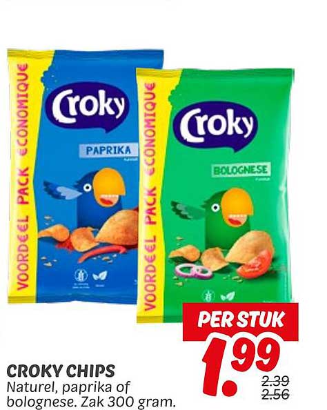 CROKY CHIPS Naturel, paprika of bolognese. Zak 300 gram.