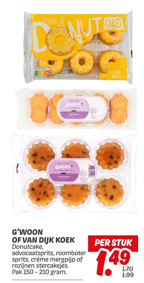 G'woon of Van Dijk Koek: Donutcake, Advocaatspirit, Roombotersprits, Crème Mergpijp of Rozijnen Stercakejes