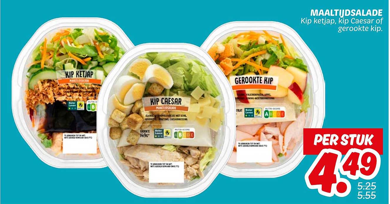 MAALTIJDSALADE Kip ketjap, kip Caesar of gerookte kip.