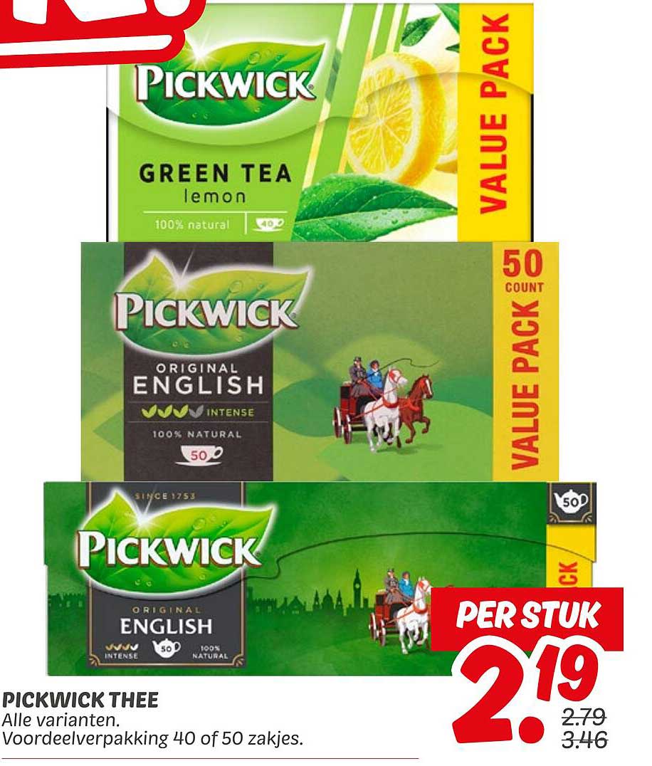 PICKWICK THEE Alle varianten. Voordeelsverpakking 40 of 50 zakjes.