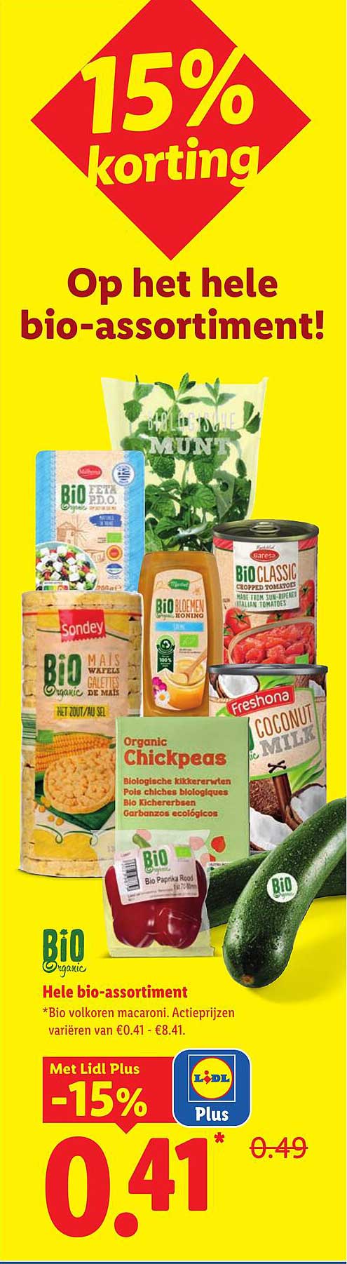 15% korting op het hele bio-assortiment! Met Lidl Plus -15%
