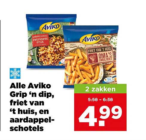 Alle Aviko Grip ’n dip, friet van ’t huis, en aardappel-schotels 2 zakken