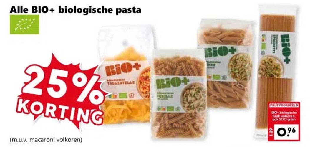 Alle BIO+ biologische pasta 25% KORTING
