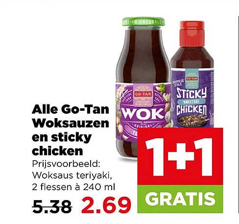 Alle Go-Tan Woksauzen en sticky chicken 1+1 GRATIS