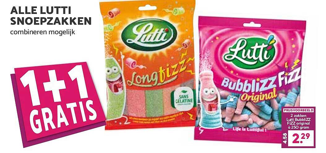 ALLE LUTTI SNOEPZAKKEN combineren mogelijk 1+1 GRATIS