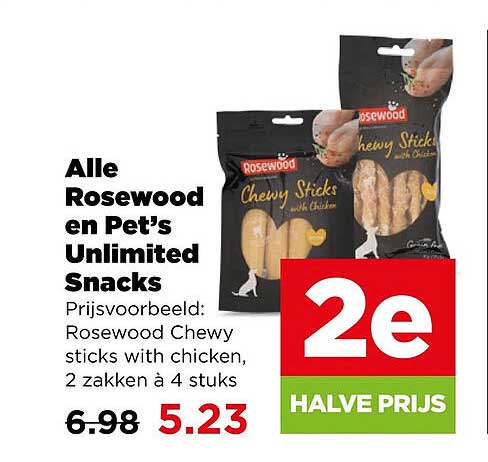 Alle Rosewood en Pet’s Unlimited snacks 2e halve prijs